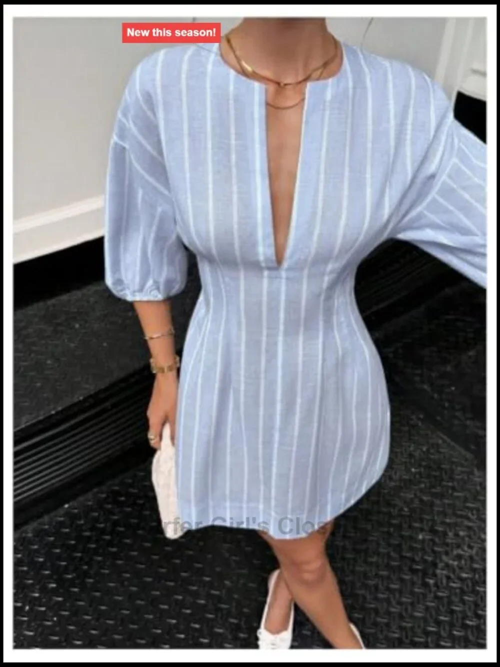 Women's Striped Knit Shirt Dress Notch V Neck 3/4 Sleeve Business Casual